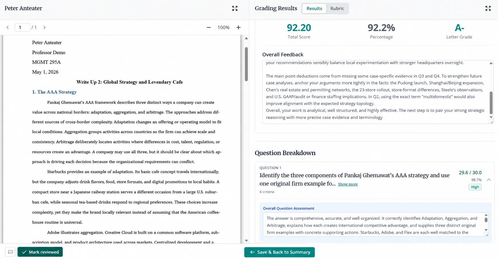 Gradebot review screen showing a synthetic Peter Anteater submission beside editable rubric-based feedback and a Mark reviewed control