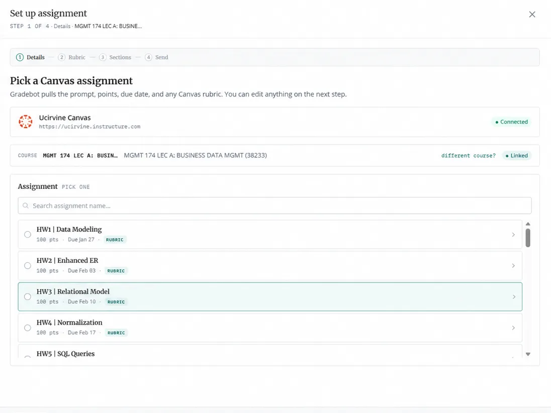 Gradebot's assignment picker listing Canvas assignments from a connected UCI Canvas course