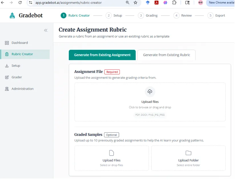 Once your rubric is ready, setup is straightforward. Add your course, assignment name, rubric, and optional supporting materials, then move directly into grading. The new interface is cleaner, more organized, and built around the way educators actually work.